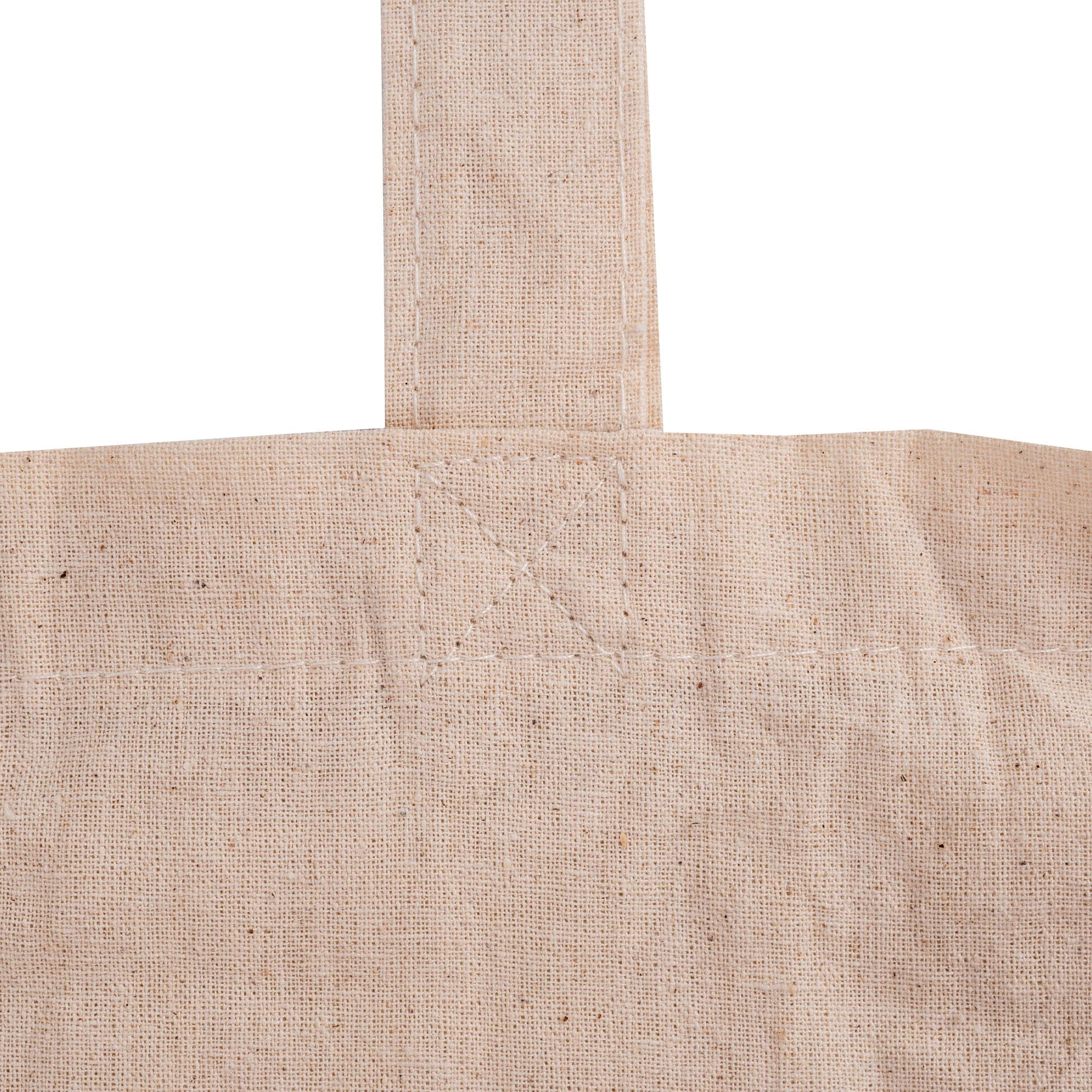 A calico tote bag in a natural beige colour with sturdy long handles and visible stitching details.