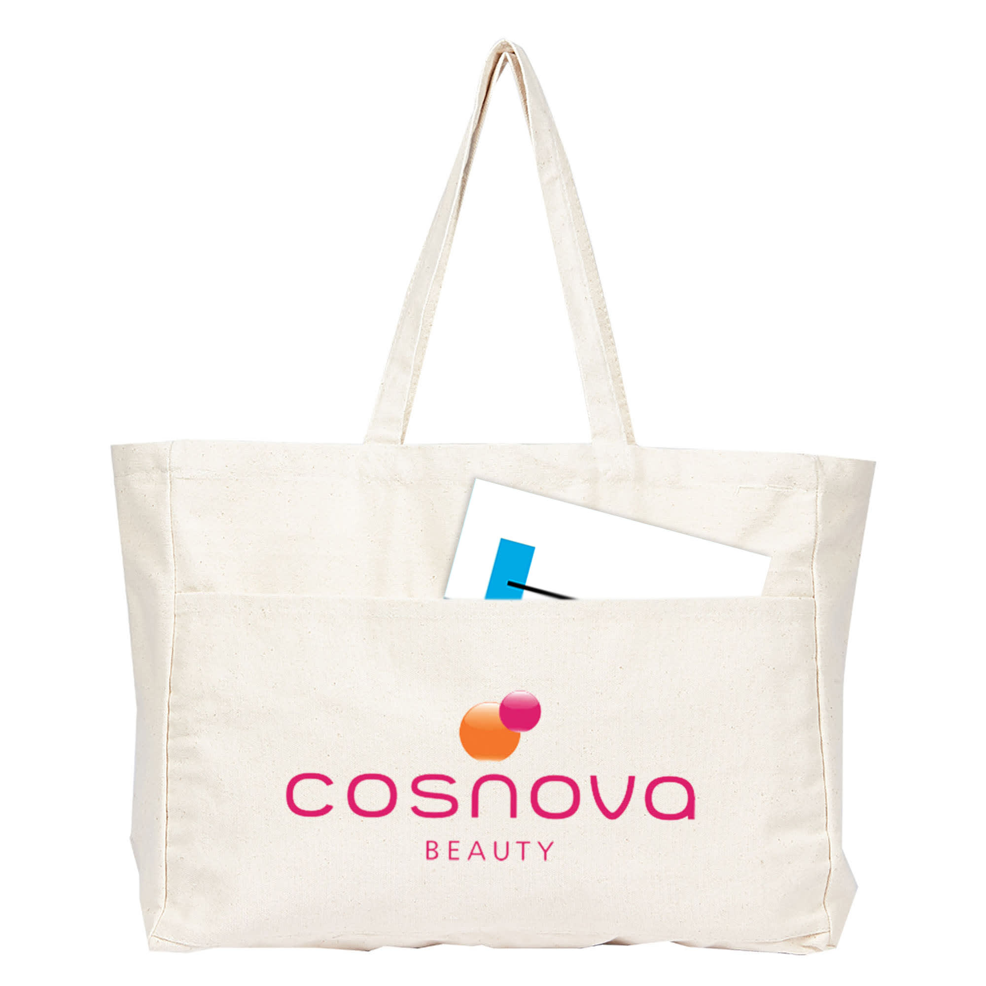 A large cream canvas tote bag with a front pocket and a logo. A sheet of paper is partially visible inside the bag.