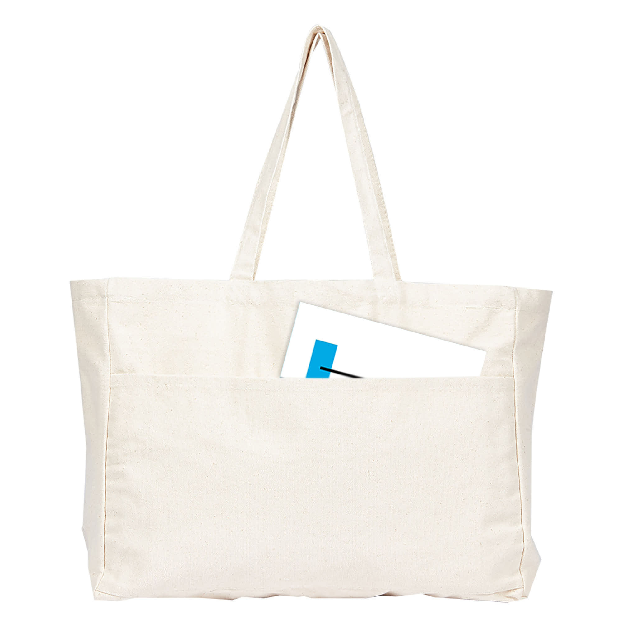 A large cream canvas tote bag with two handles and a front pocket, featuring a visible blue and white item inside.