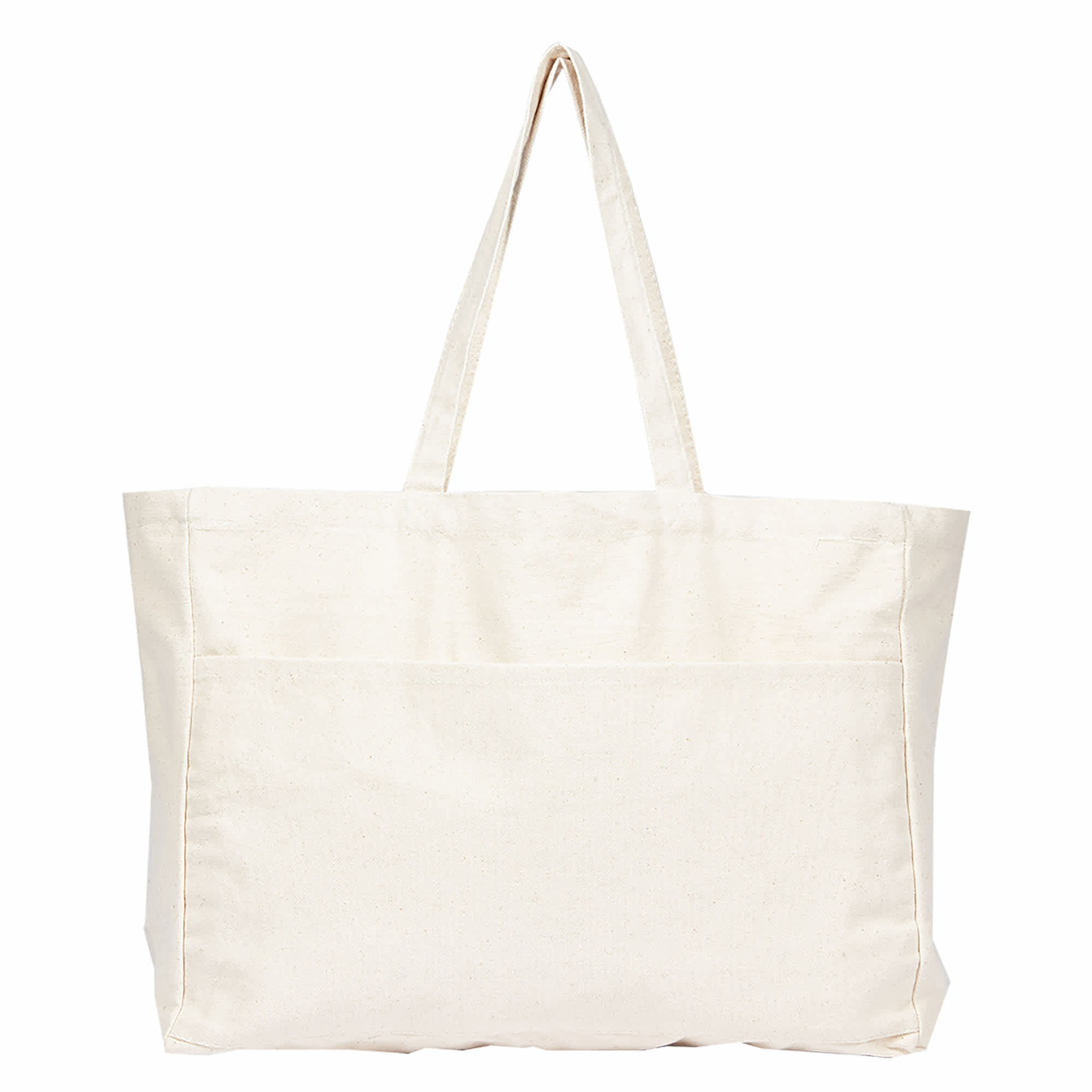 A cream canvas tote bag with two long handles and a front pocket. It features a logo on one side.
