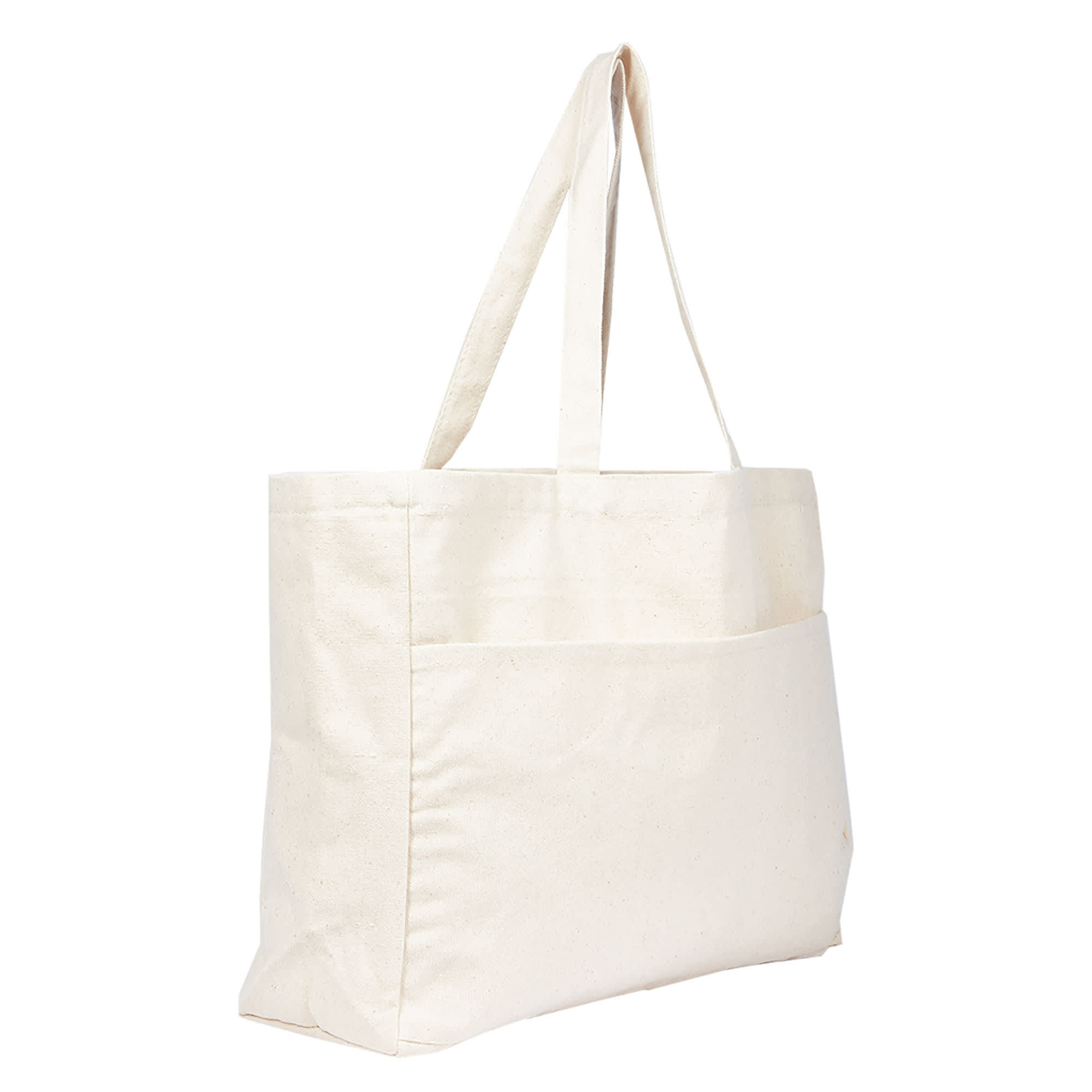 A large cream canvas tote bag with two long handles and a front pocket. The bag features a logo on one side.