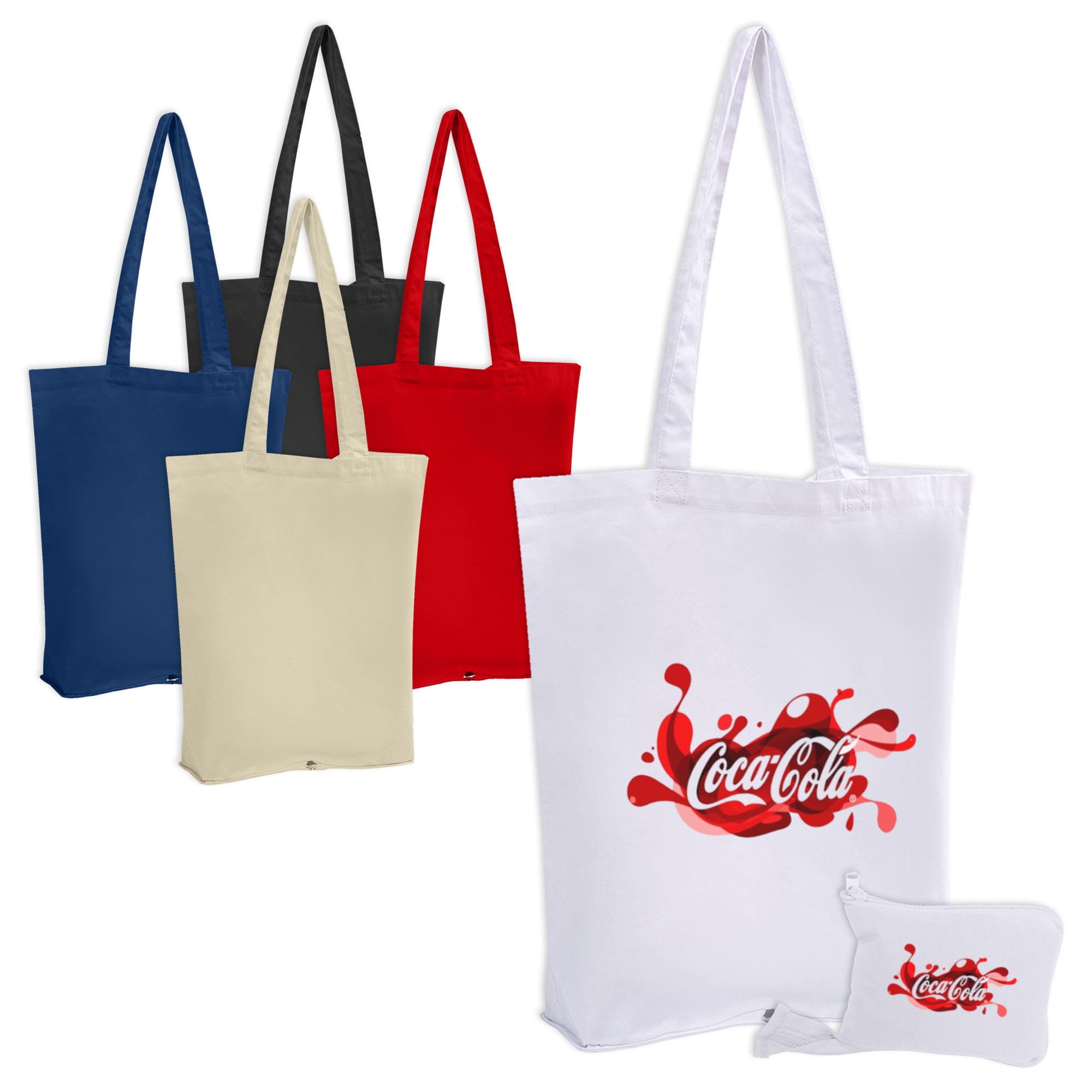 Foldable calico tote bags in red, black, blue, cream, and white, featuring a logo on the white bag.