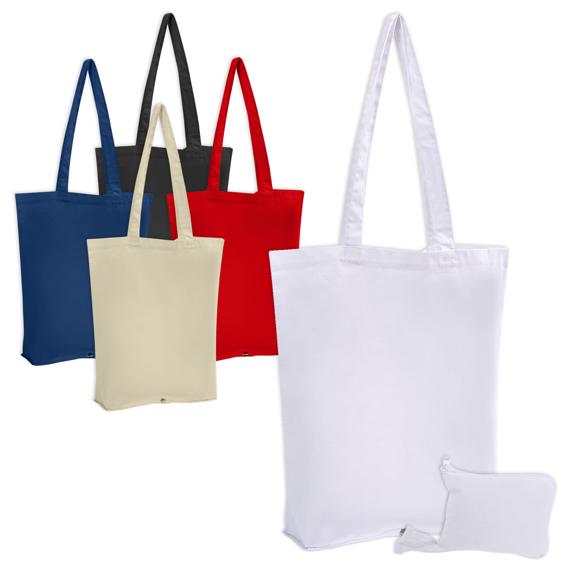 A collection of foldable calico bags in red, black, blue, cream, and white, with a small pouch included for storage.