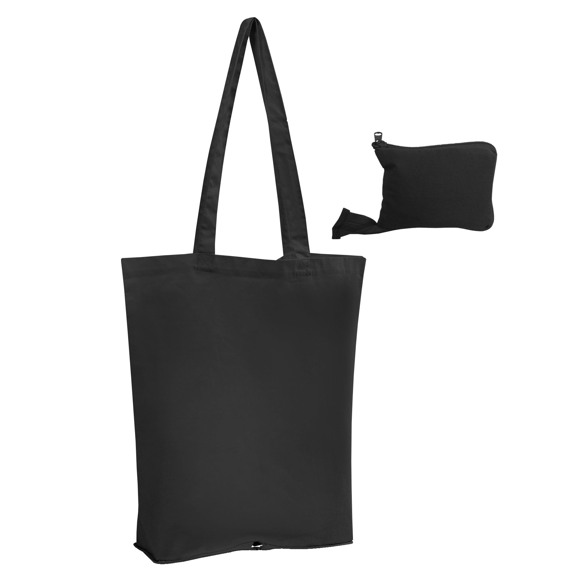 A foldable black calico tote bag with long handles, accompanied by a compact zipped pouch for storage.
