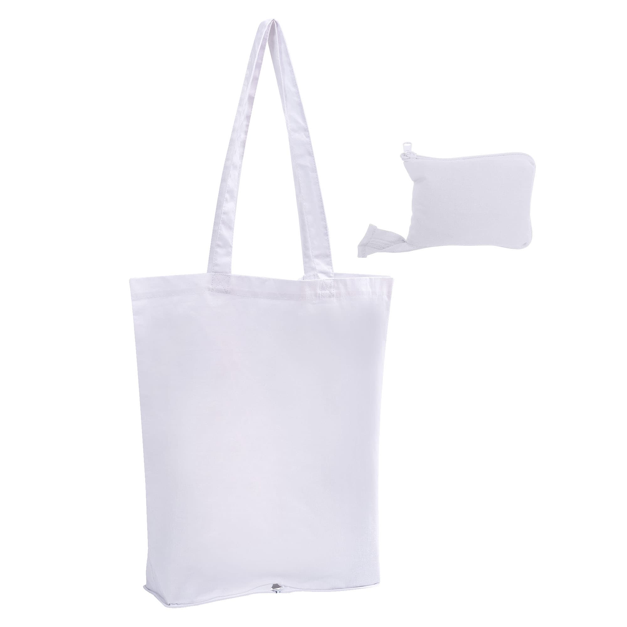 A white foldable calico tote bag with two handles, accompanied by a compact pouch for storage.