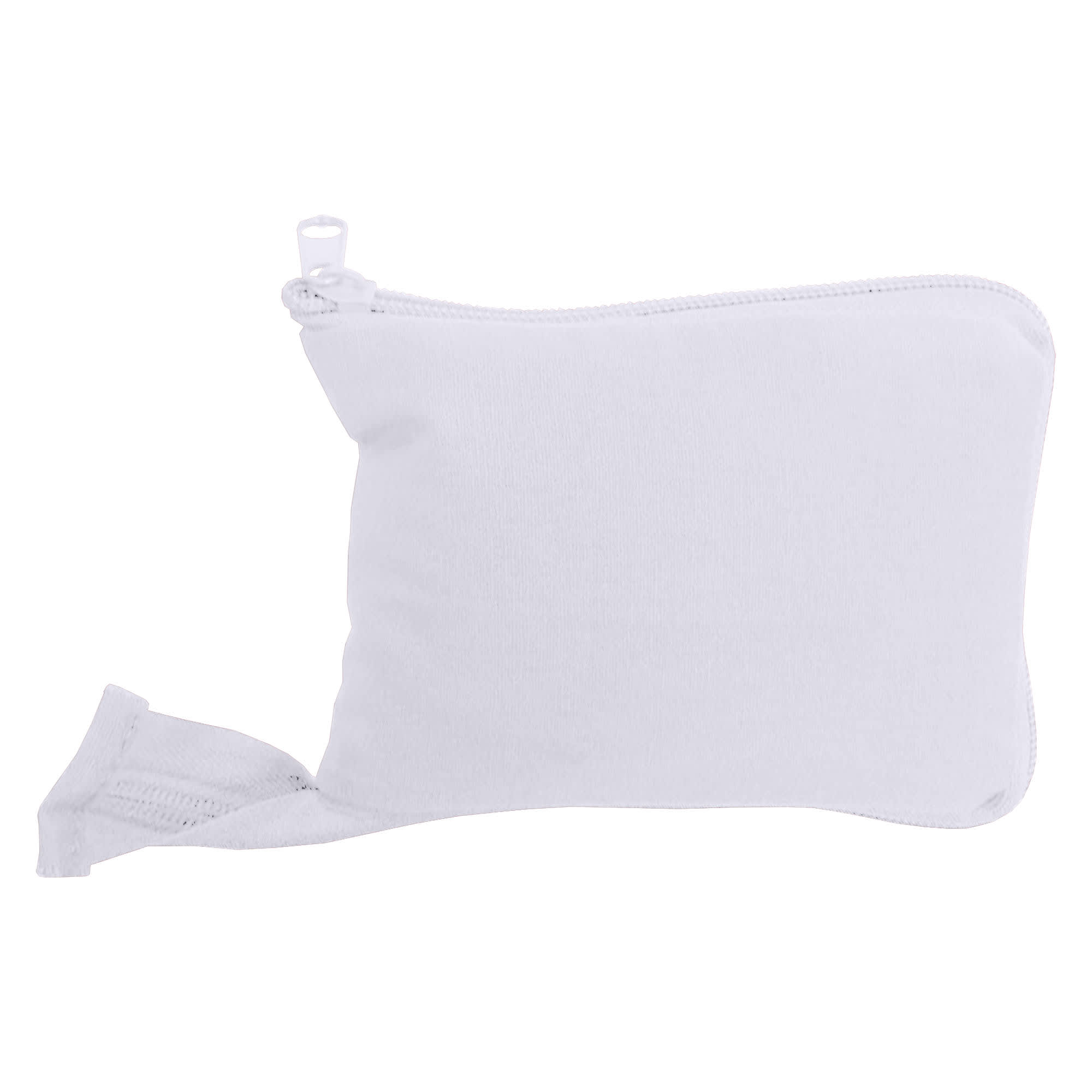 A foldable calico bag in white, neatly zipped and compact for storage, featuring a small loop for easy carrying.