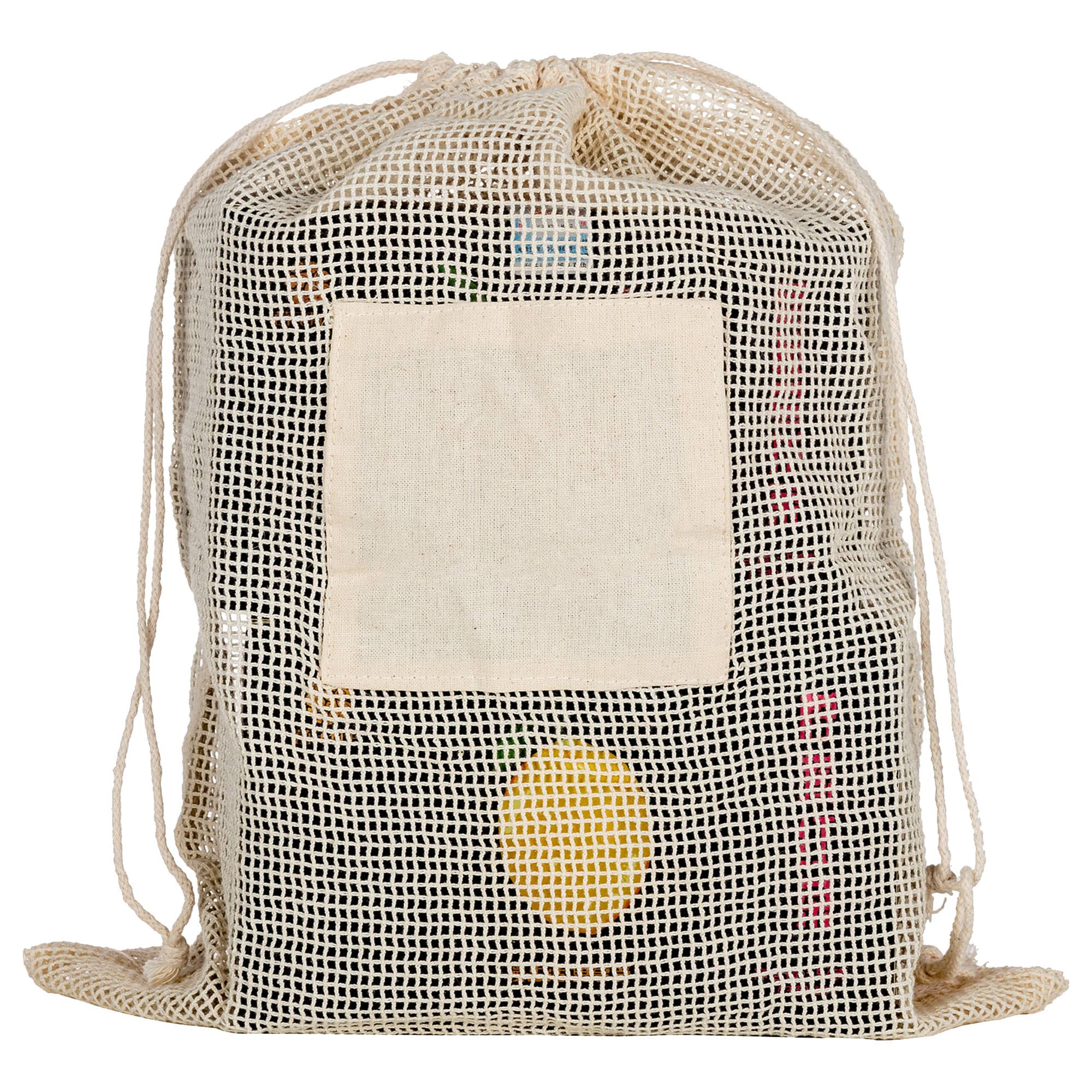 A cream mesh produce bag with a drawstring closure, featuring an empty square patch for customisation.