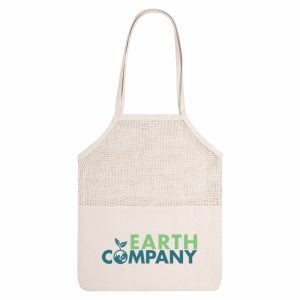 A cream-coloured mesh tote bag with a logo featuring green and blue text.