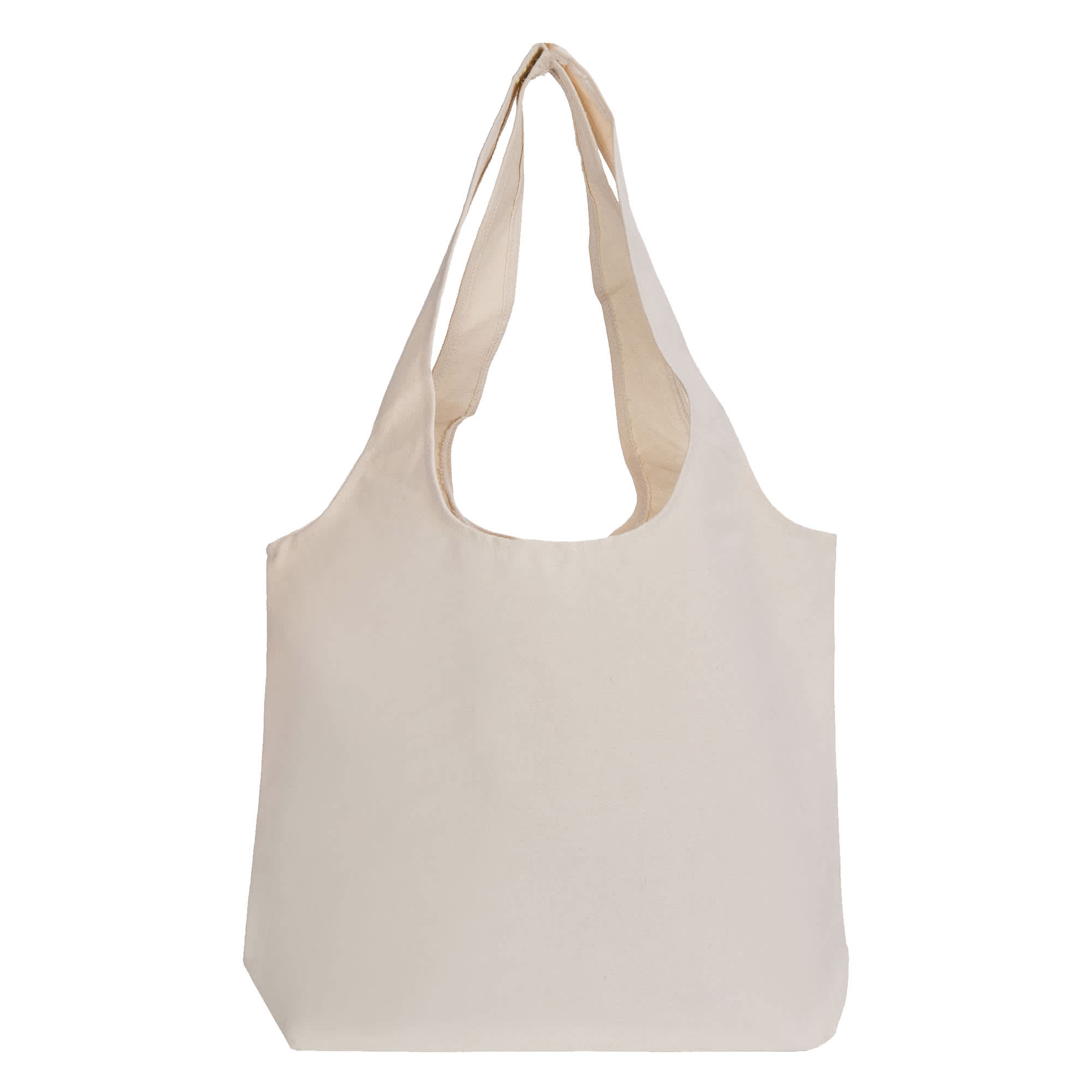 A cream-coloured tote bag with two long handles and a simple design. It features a logo on one side.