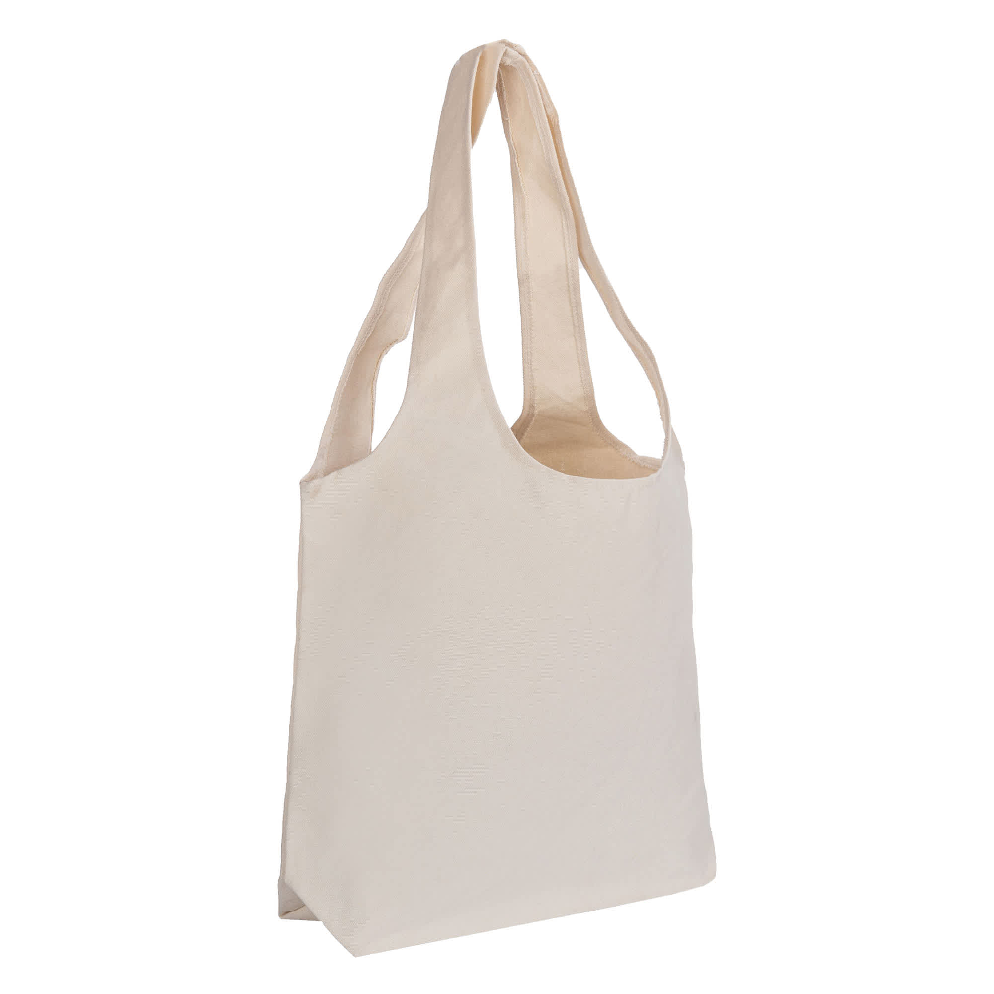 A beige tote bag with long handles and a simple design. It features a logo on the side.
