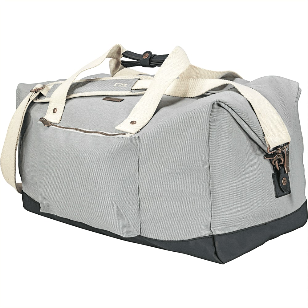 A grey and dark grey cotton duffel bag with handles and a branding logo.