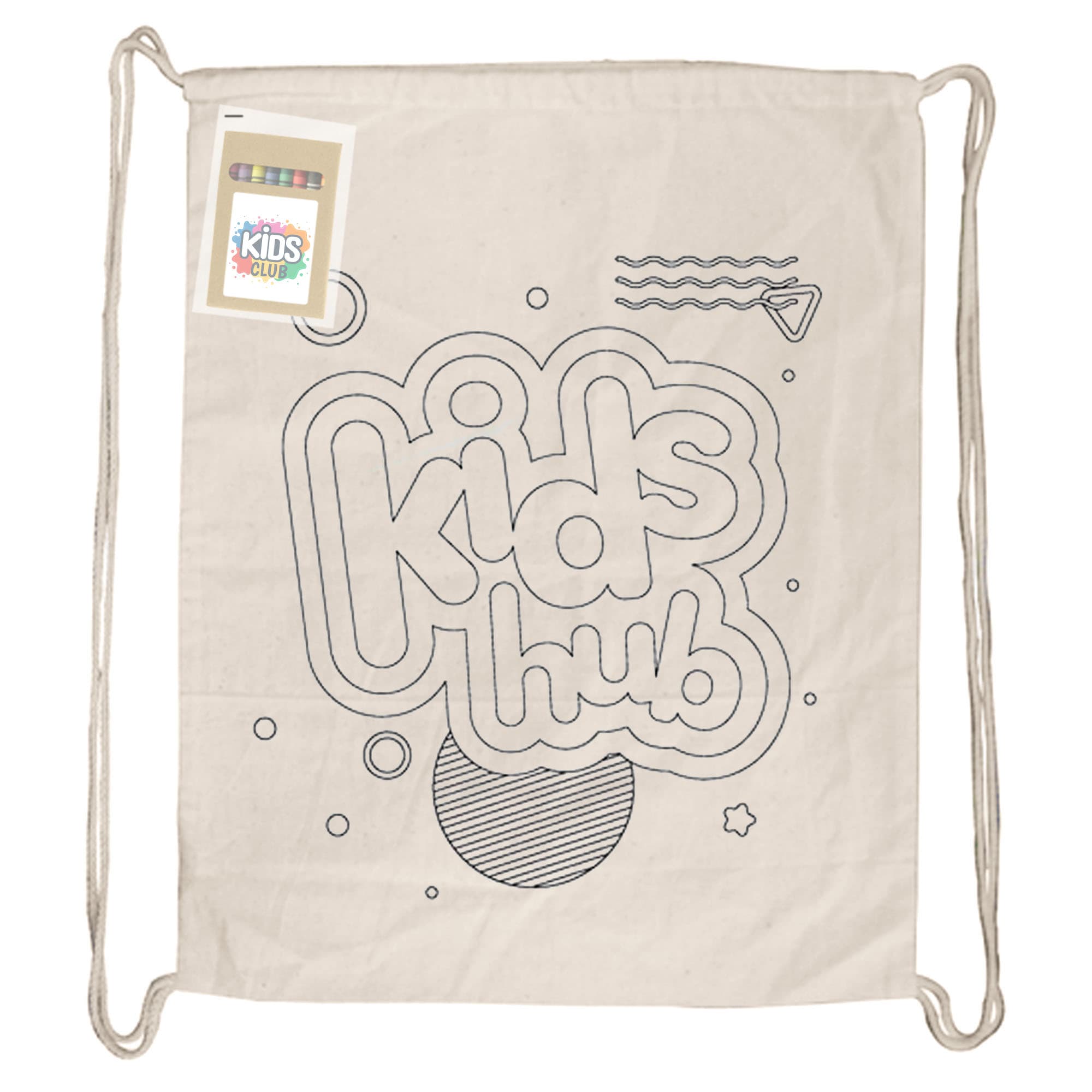 A beige drawstring bag featuring a black outlined design with various shapes and the text 