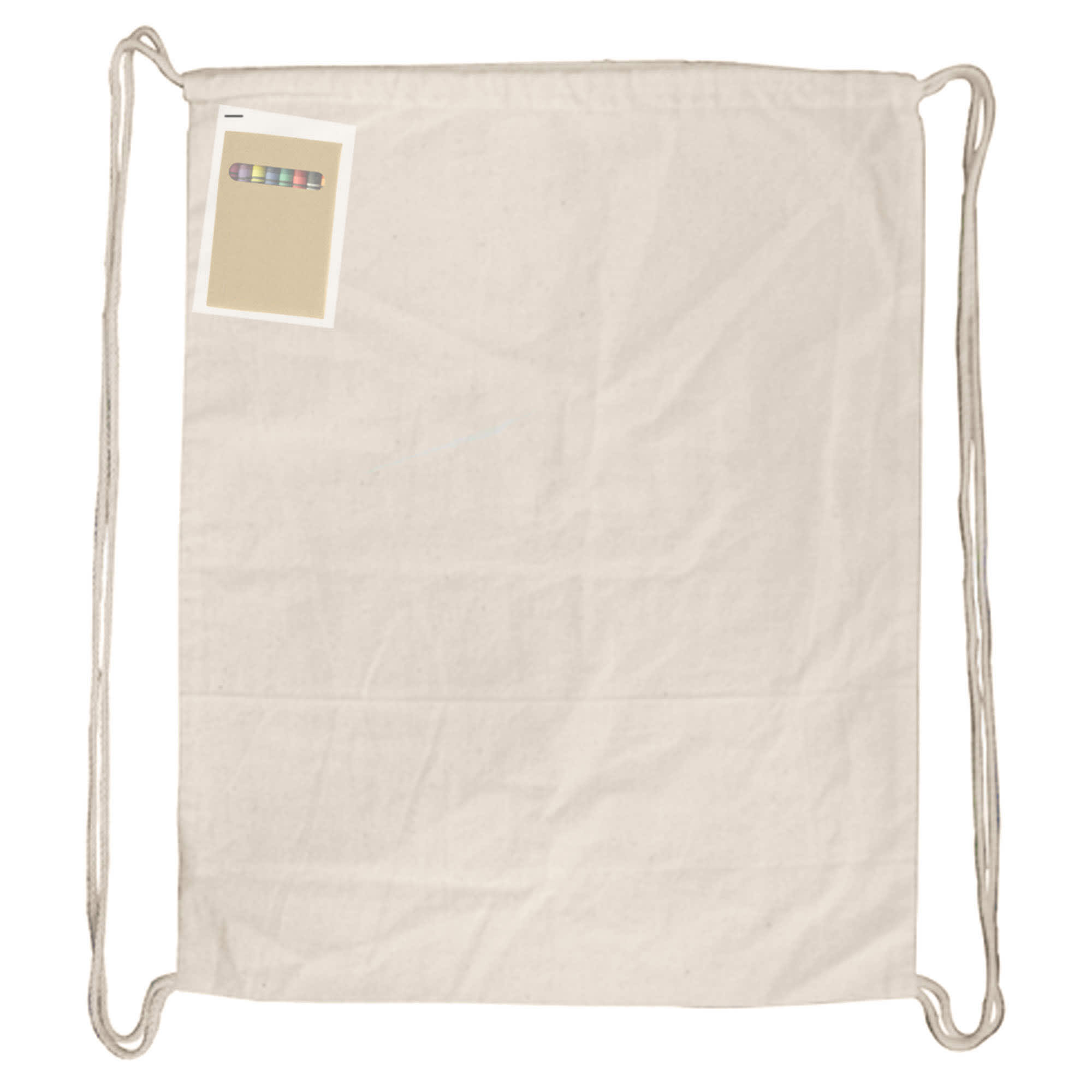 A natural-coloured drawstring bag with a simple design and an attached card showcasing colour swatches.