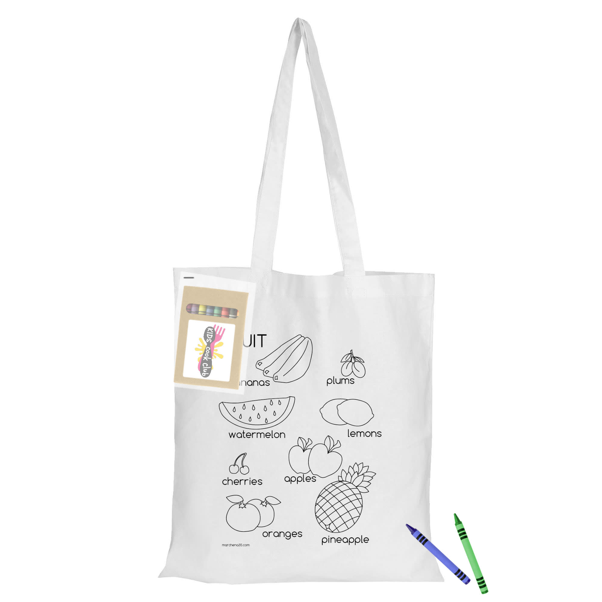 A white calico tote bag with outlined fruit illustrations, accompanied by a pack of colouring crayons.