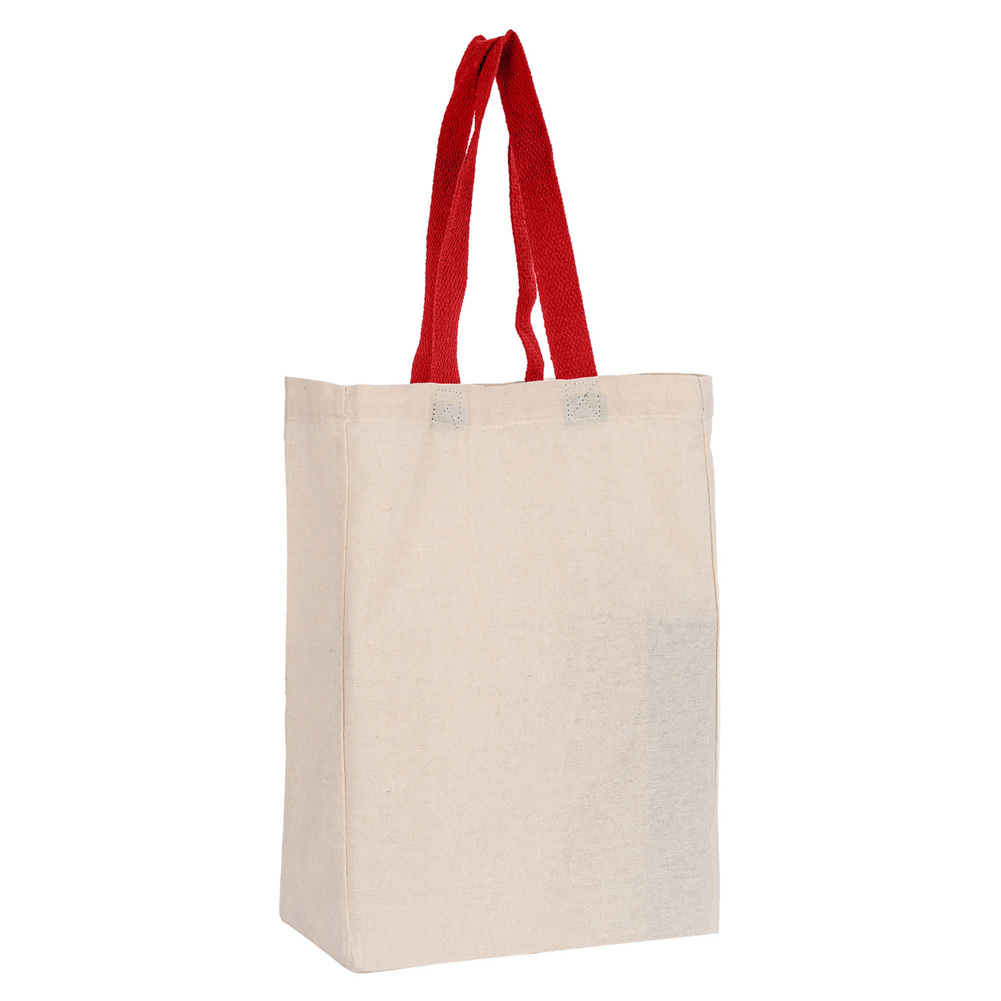 A calico trade show bag with red handles, featuring a simple design and a branding logo.