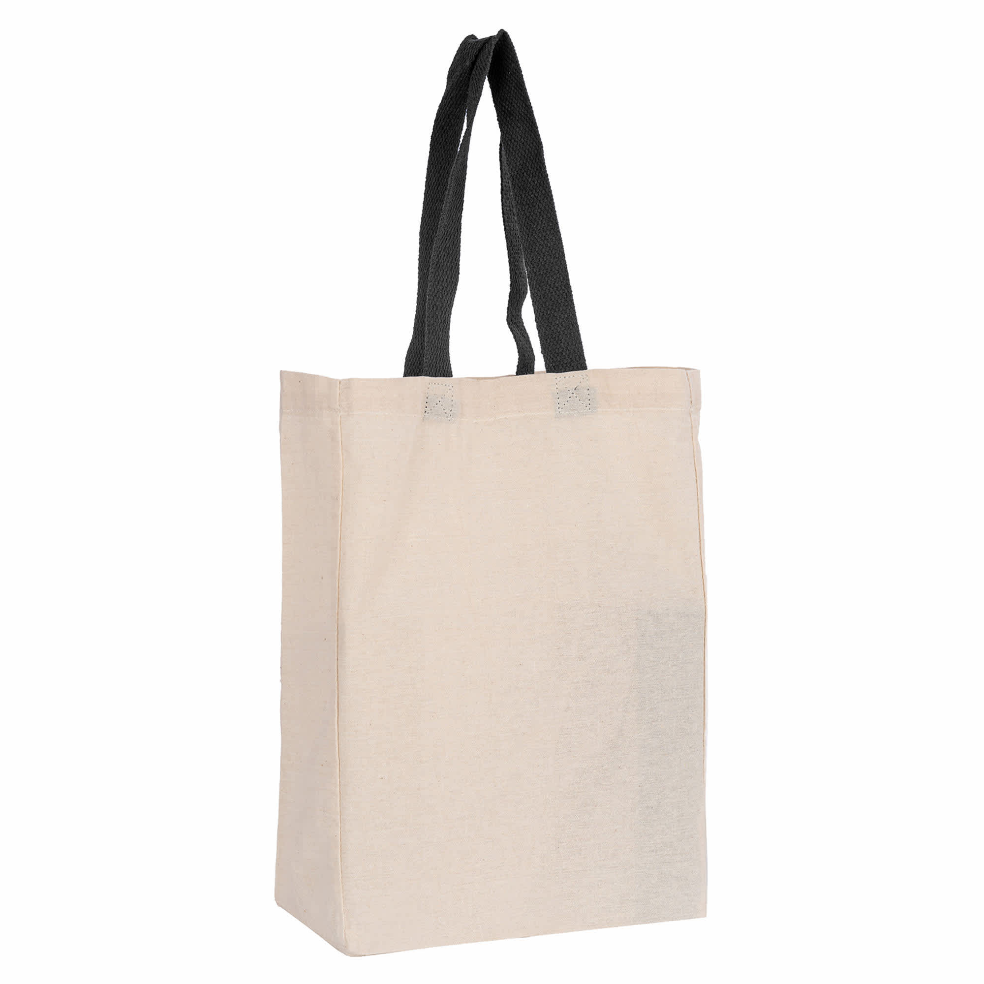 A calico bag with black handles, featuring a simple design and a lightweight structure. It has a logo on one side.