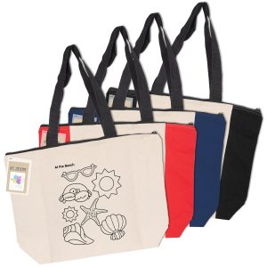 A collection of zip shopper tote bags in cream, navy, red, and black, featuring beach-themed designs and a logo.