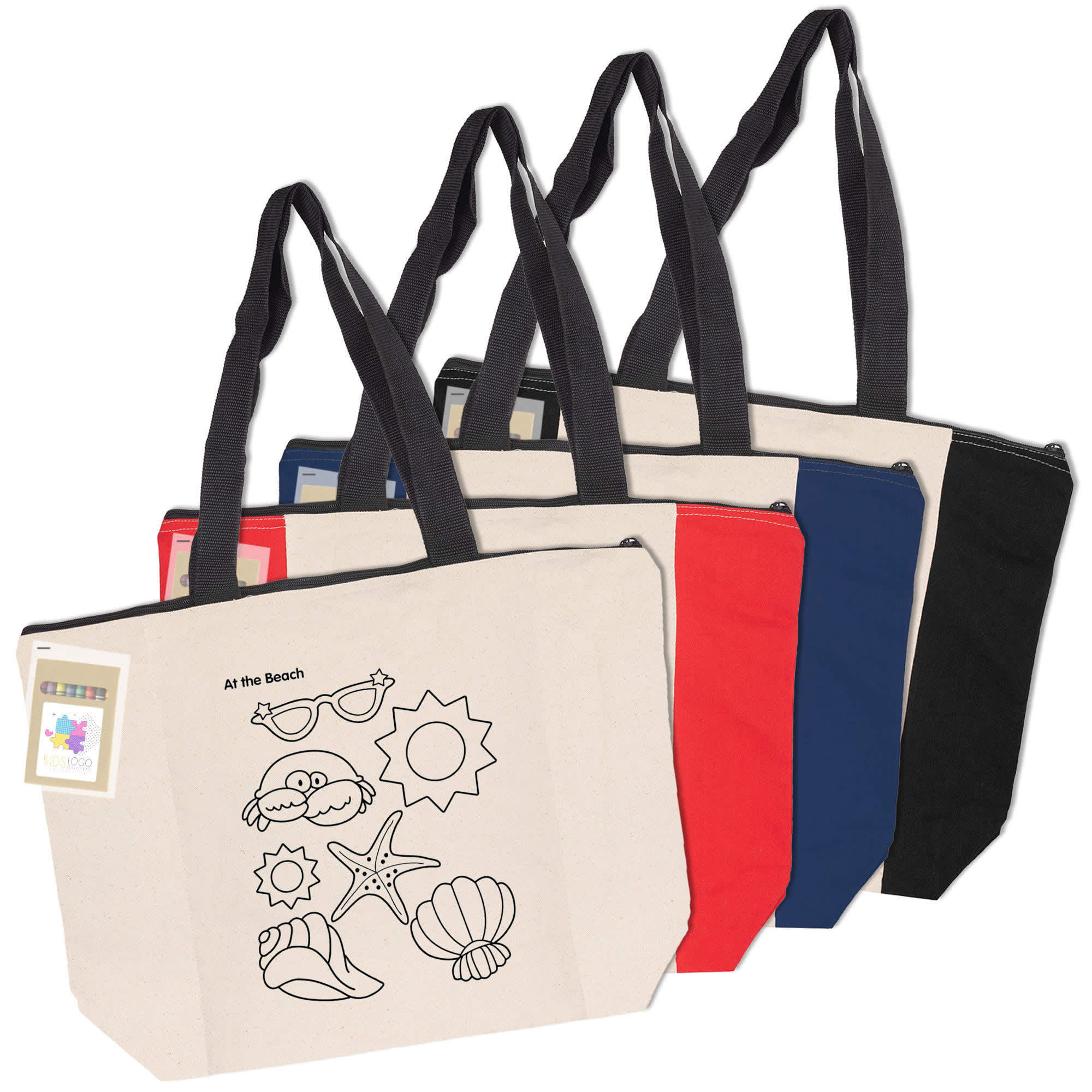 A collection of zip shopper tote bags in cream, navy, red, and black, featuring beach-themed designs and a logo.