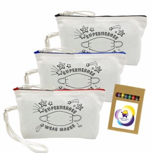 Three cosmetic bags in white with black line designs, featuring red, blue, and black zippers, and a box of crayons included.