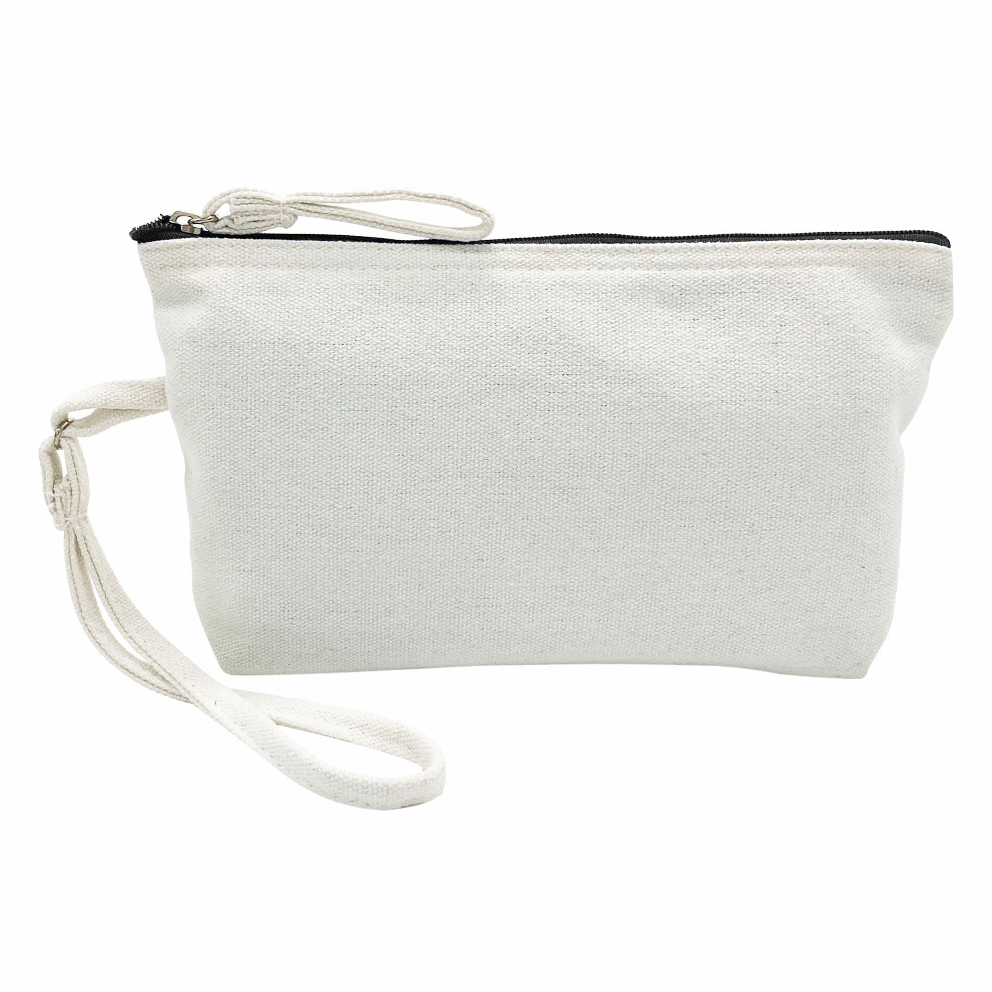 A white cosmetic bag with a zippered top and a wrist strap, featuring a simple design without logos.