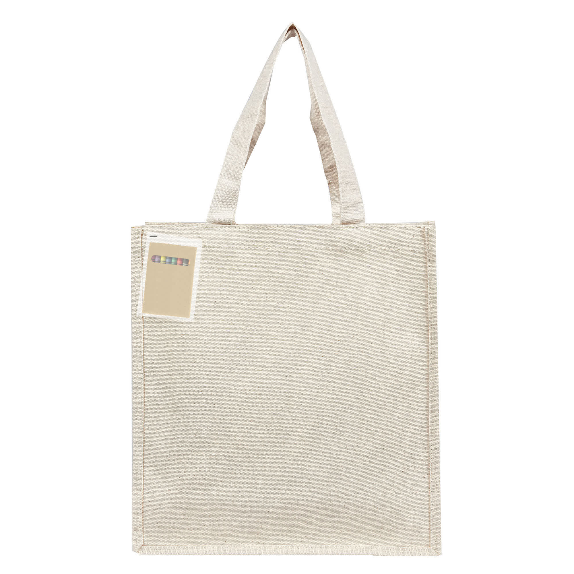 A cream-coloured tote bag with long handles, featuring a tag and a logo on the front.