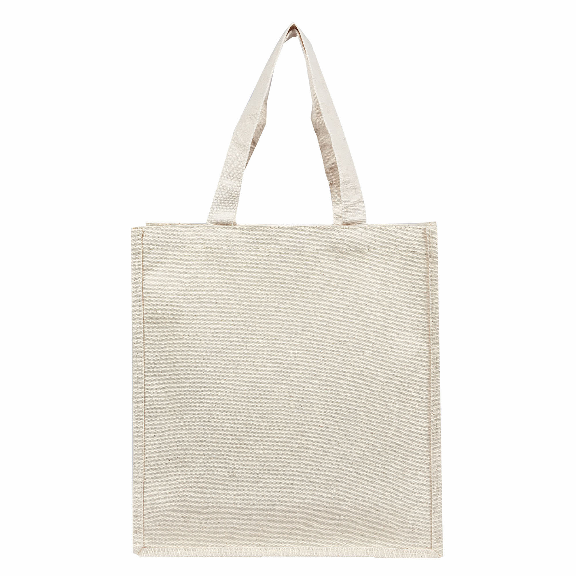 A neutral-coloured canvas tote bag with two handles and an unbranded exterior.