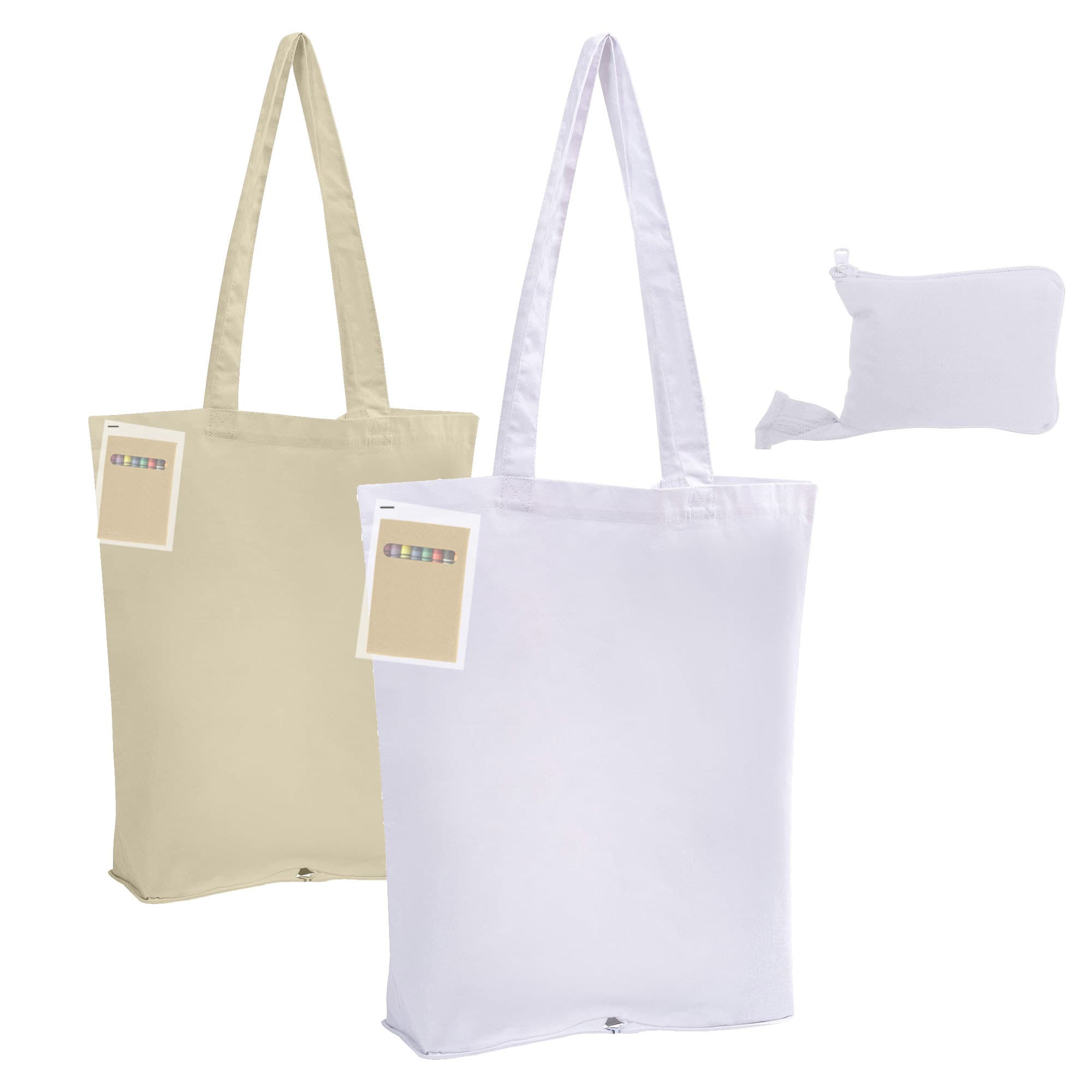 A foldable calico tote bag set in beige and white, featuring a logo and a compact storage pouch.