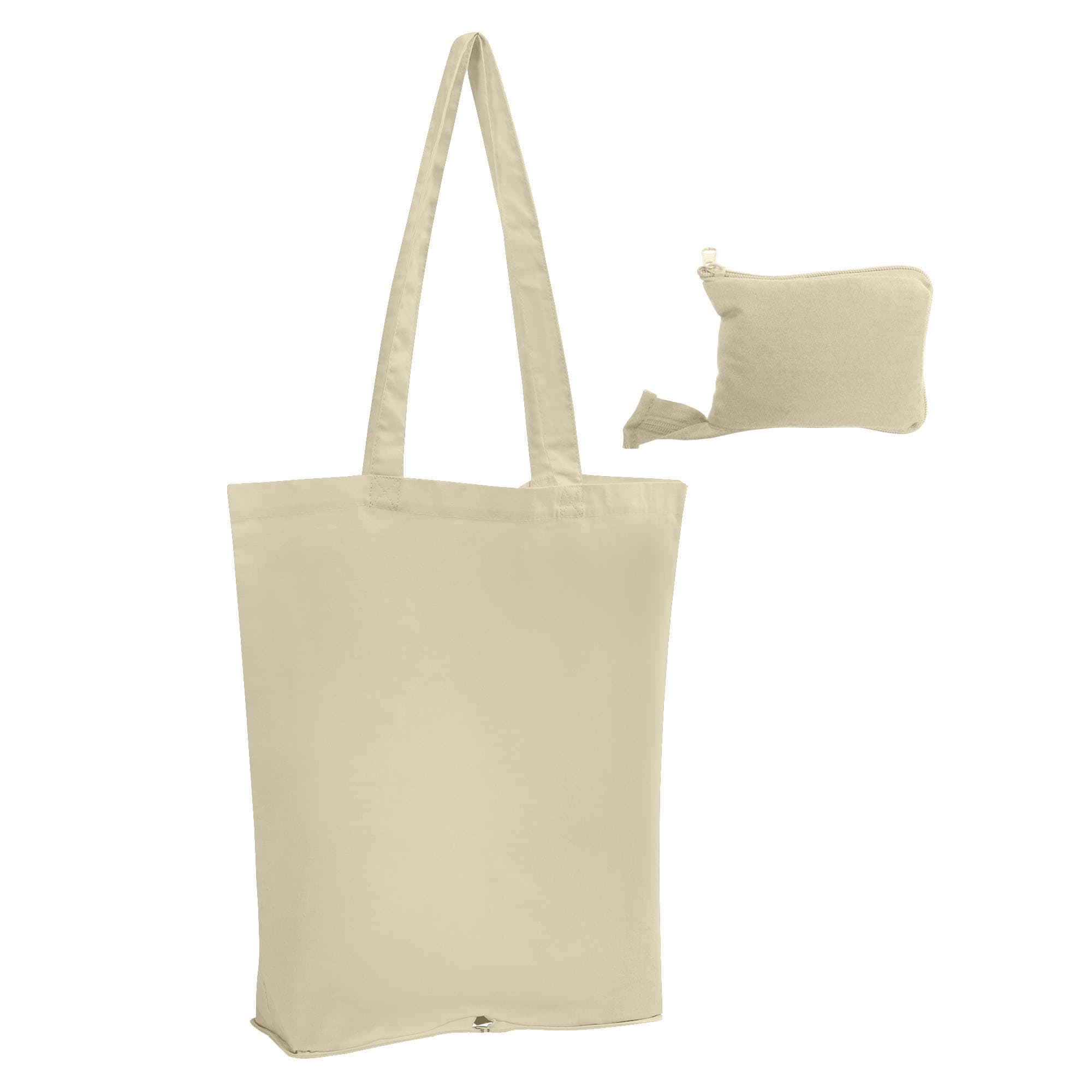 A beige foldable calico tote bag with long straps, neatly compacted into a small pouch. It features a logo.