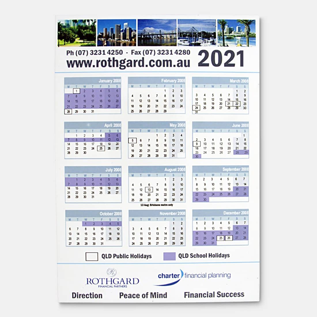 A magnetic calendar featuring a city skyline, with months from January to December in purple and white. Includes a logo.