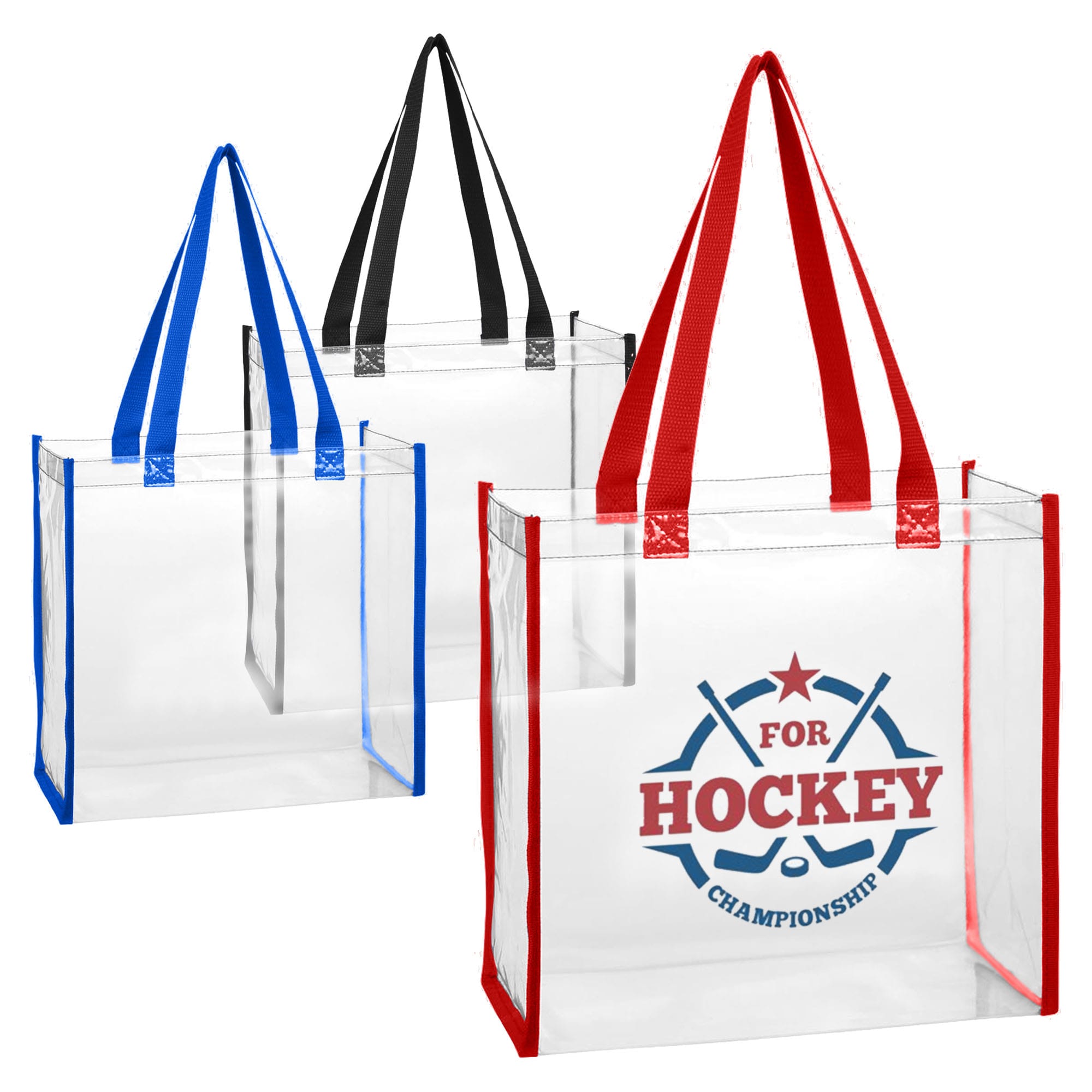Clear tote bags in three colours: red, blue, and black, featuring a logo and sturdy handles.