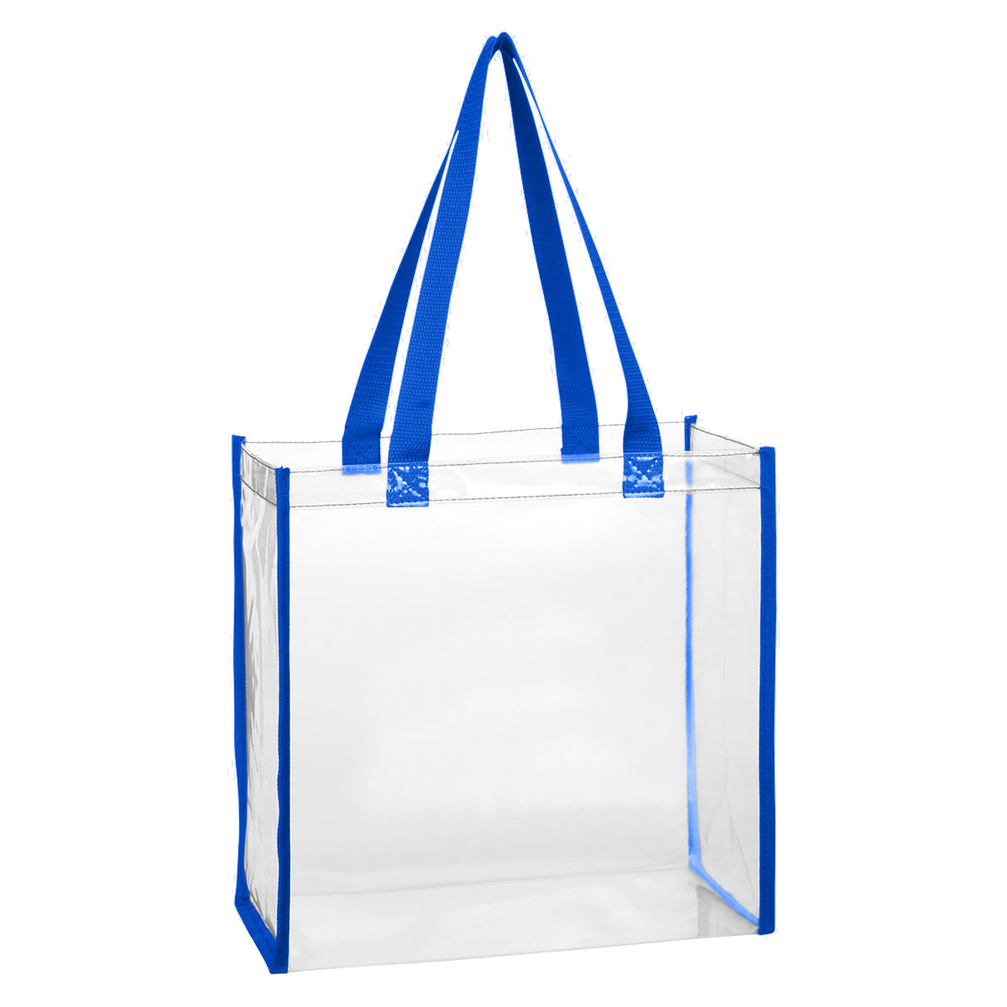 A clear tote bag with blue handles and trim, featuring a simple, spacious design and a logo.