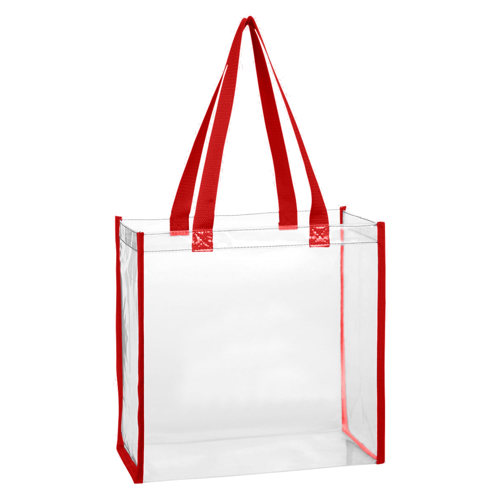 A clear tote bag with red handles, featuring a simple design and no visible contents.