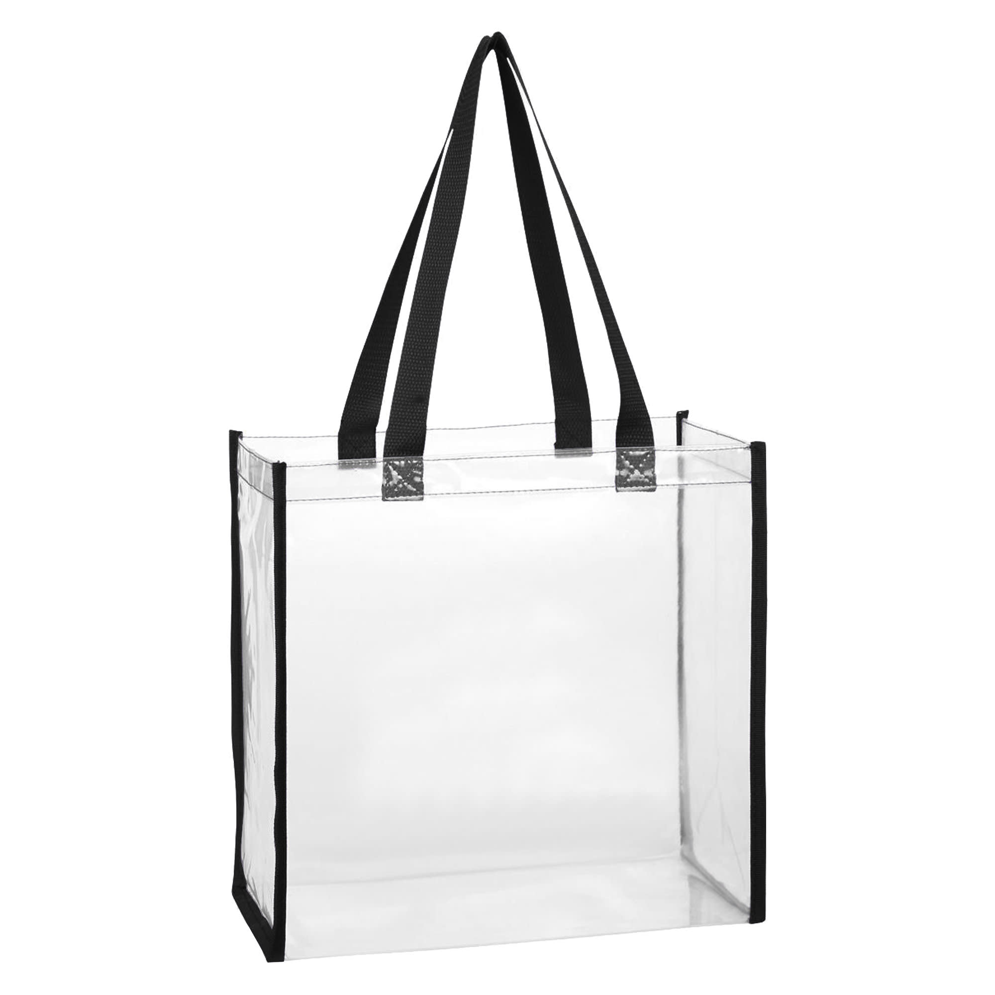 A clear tote bag with black handles, featuring a simple rectangular design and a logo on one side.