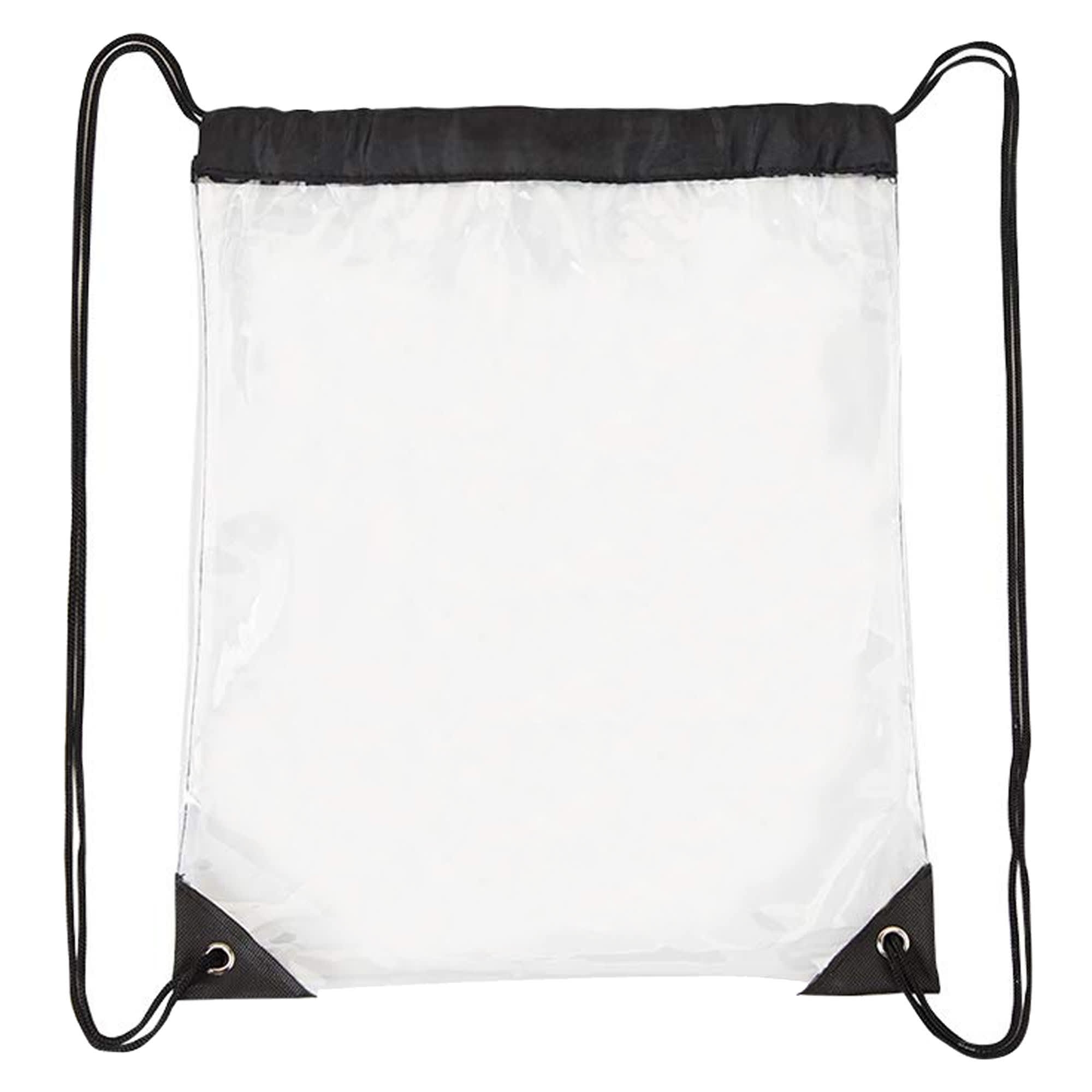 A clear drawstring backpack with black accents and black cords. It has a simple design and a logo.