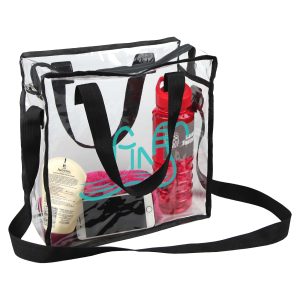 A clear satchel with black trim, featuring a drink bottle, phone, and personal items visible inside.