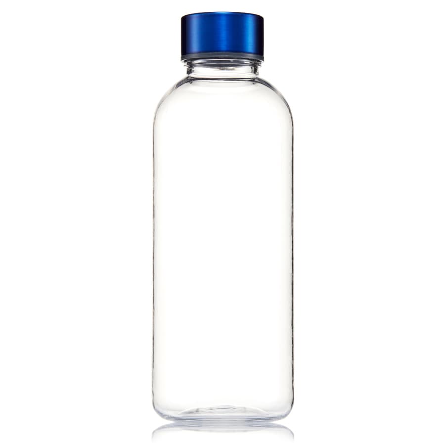 A drink bottle made from clear Tritan, featuring a blue screw-top lid and a simple design with a logo.