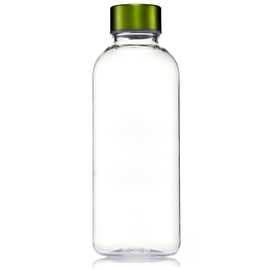 A drink bottle made of clear Tritan material with a green lid. It features a branding logo on the side.