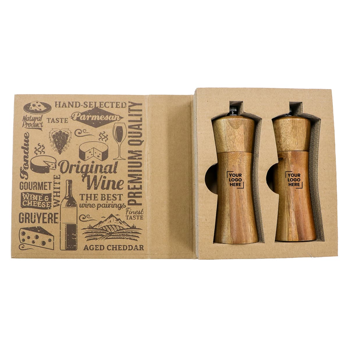 A wooden salt and pepper mill set in a kraft box, featuring a logo and various food-related designs.