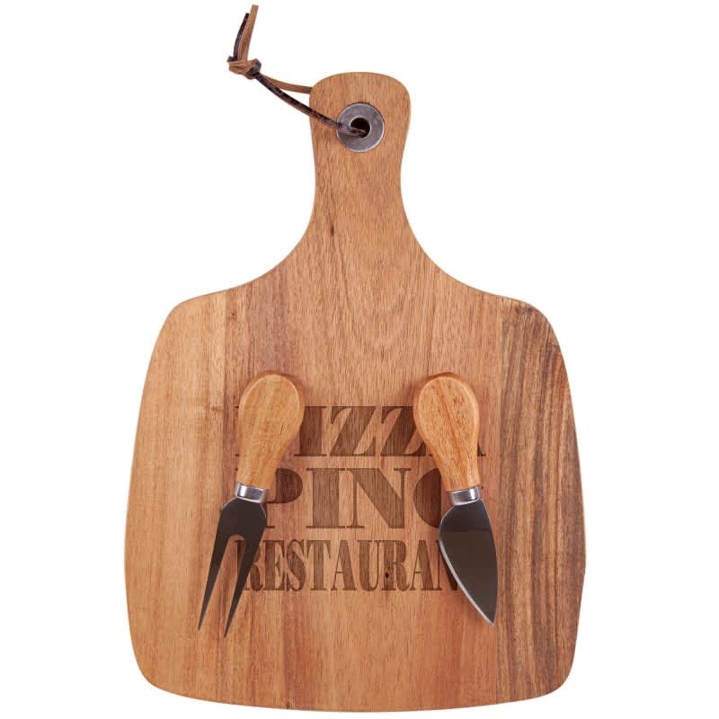 Acacia cheeseboard in a wood finish with two cheese knives, featuring a logo on the surface.