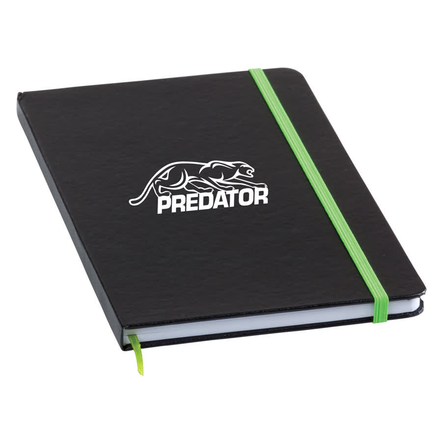 A black notebook with a green elastic band and a logo on the cover. It features a white page marker.