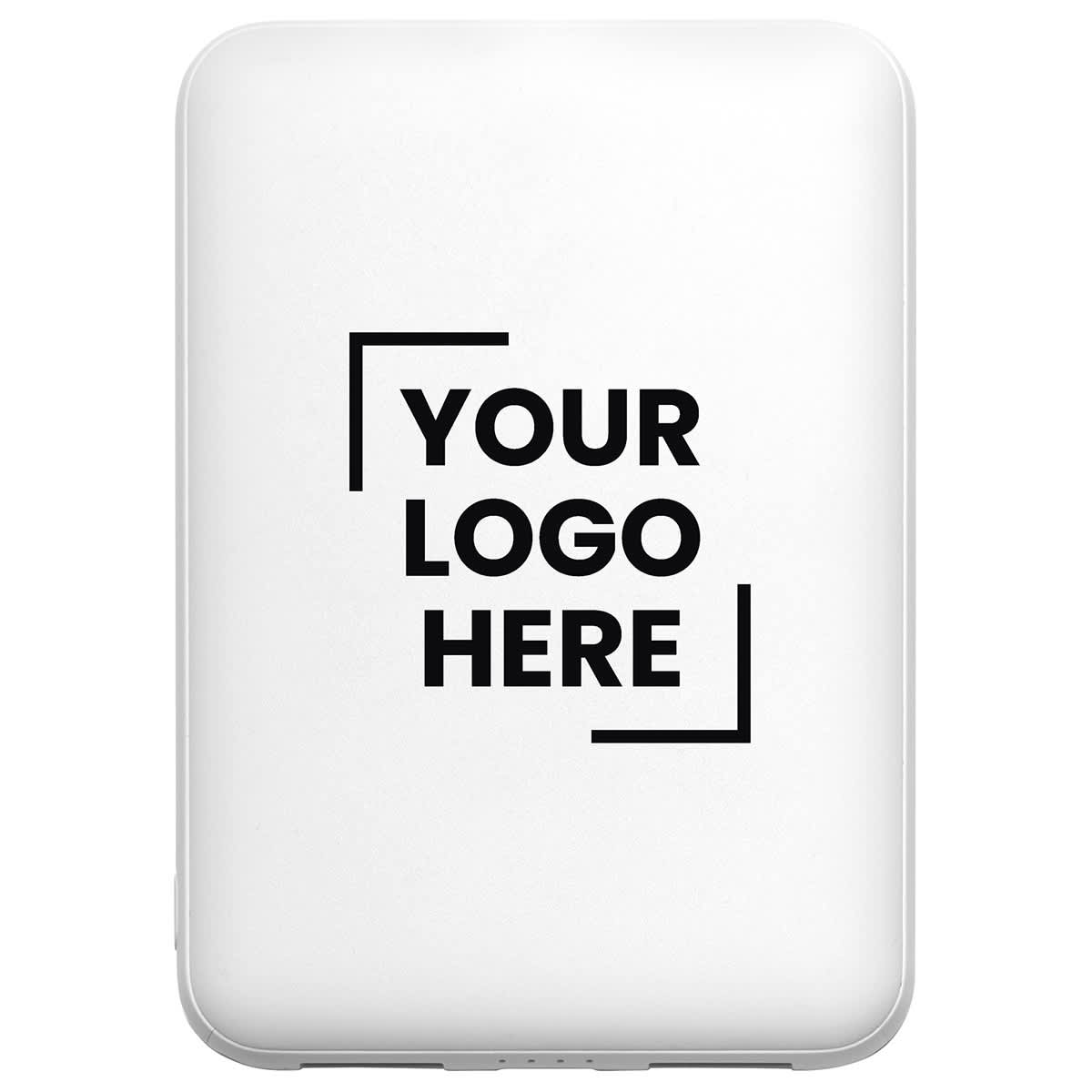 A white power bank with a logo placeholder on the front. The device has a slim design and rounded edges.