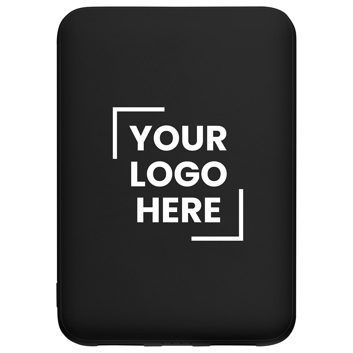 A black power bank with a smooth surface featuring a logo area in the centre.