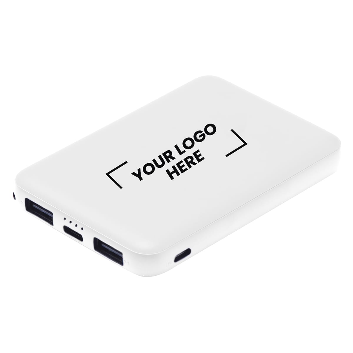 A white power bank with USB ports and a logo placeholder on the surface.