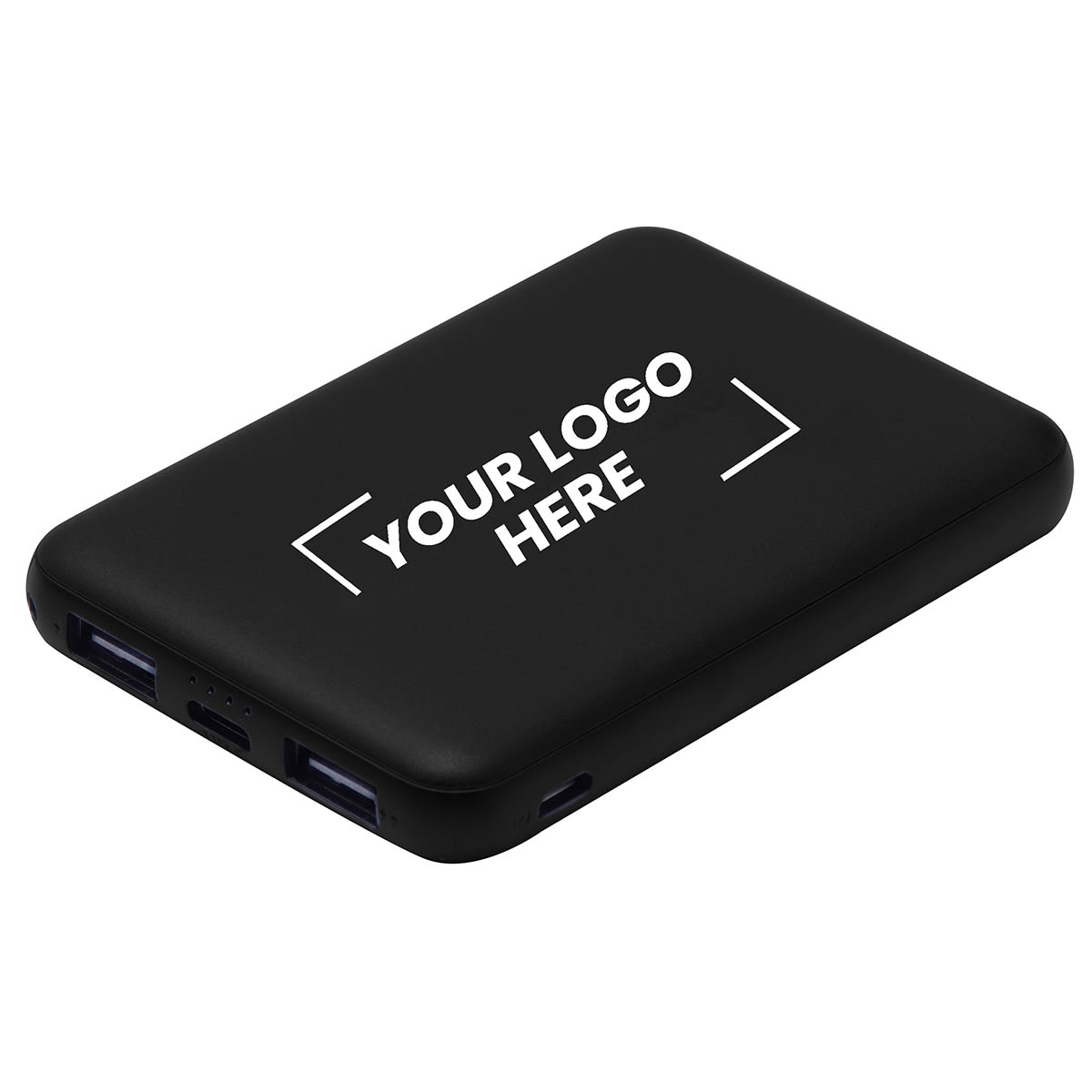 A black power bank with two USB ports and a logo area on the surface. It has a slim design.