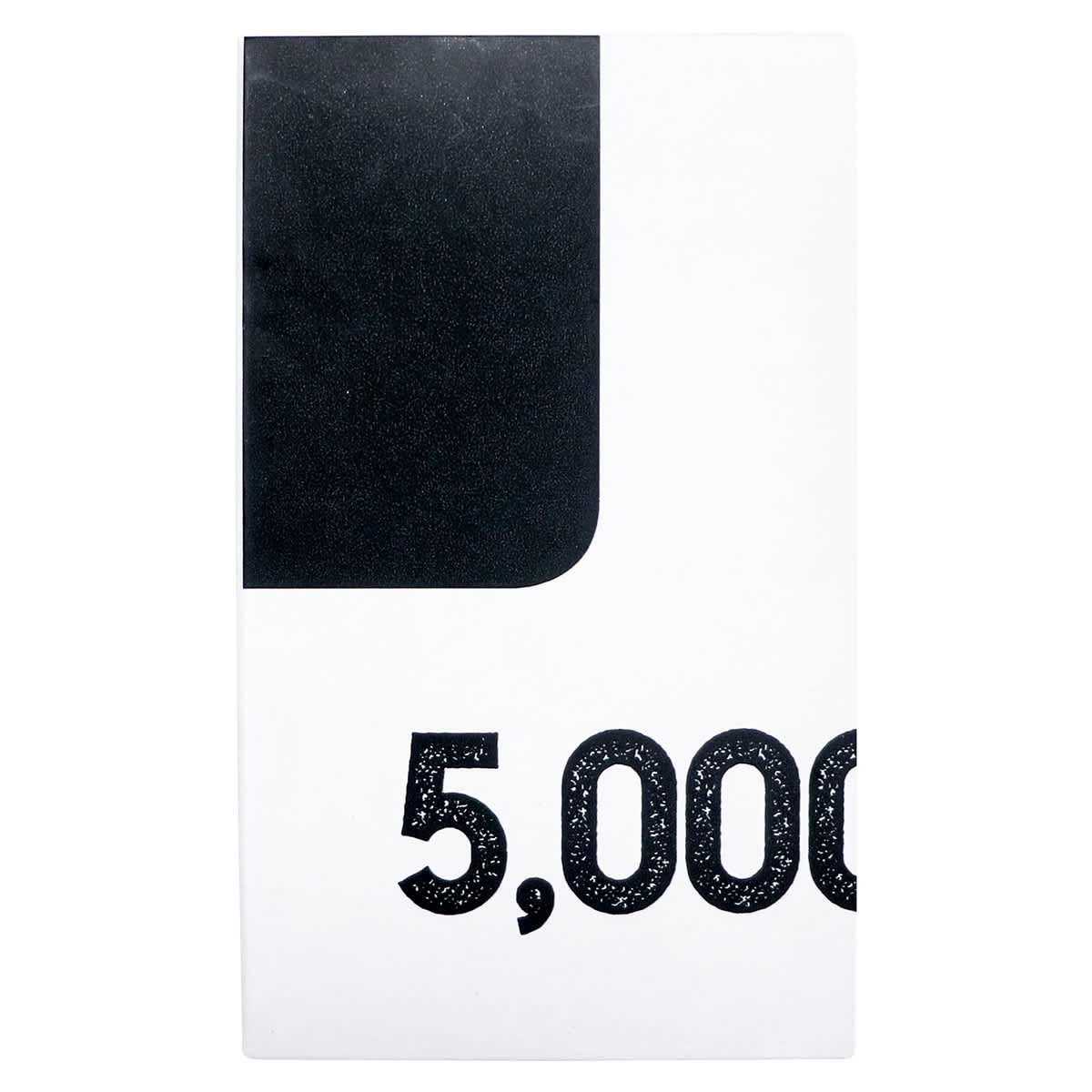 A white and black power bank with a capacity of 5,000mAh. It features a logo on its surface.