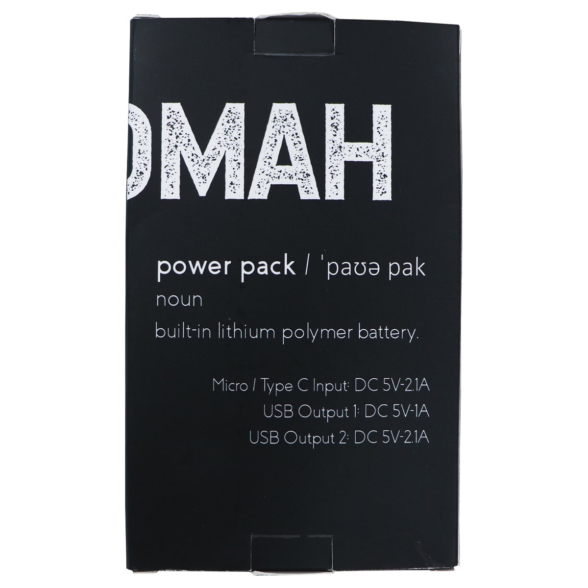 A black power bank packaging with USB input and output specifications, featuring a logo.