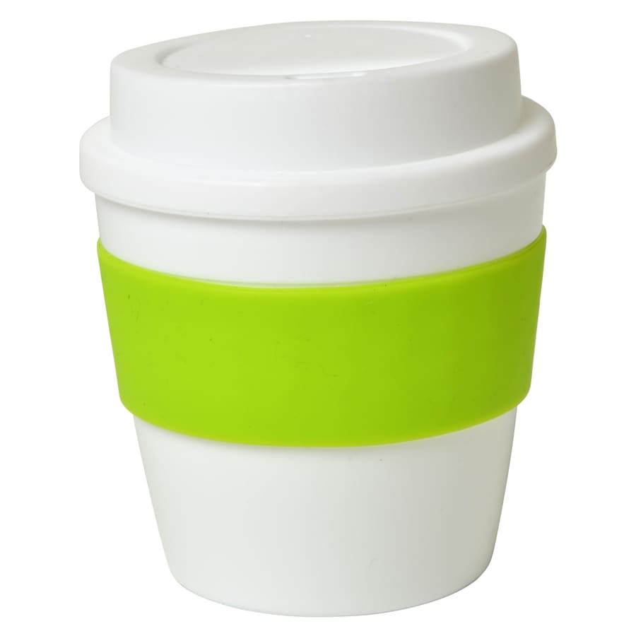 A small white cup with a lime green silicone band and a matching lid, featuring a logo.