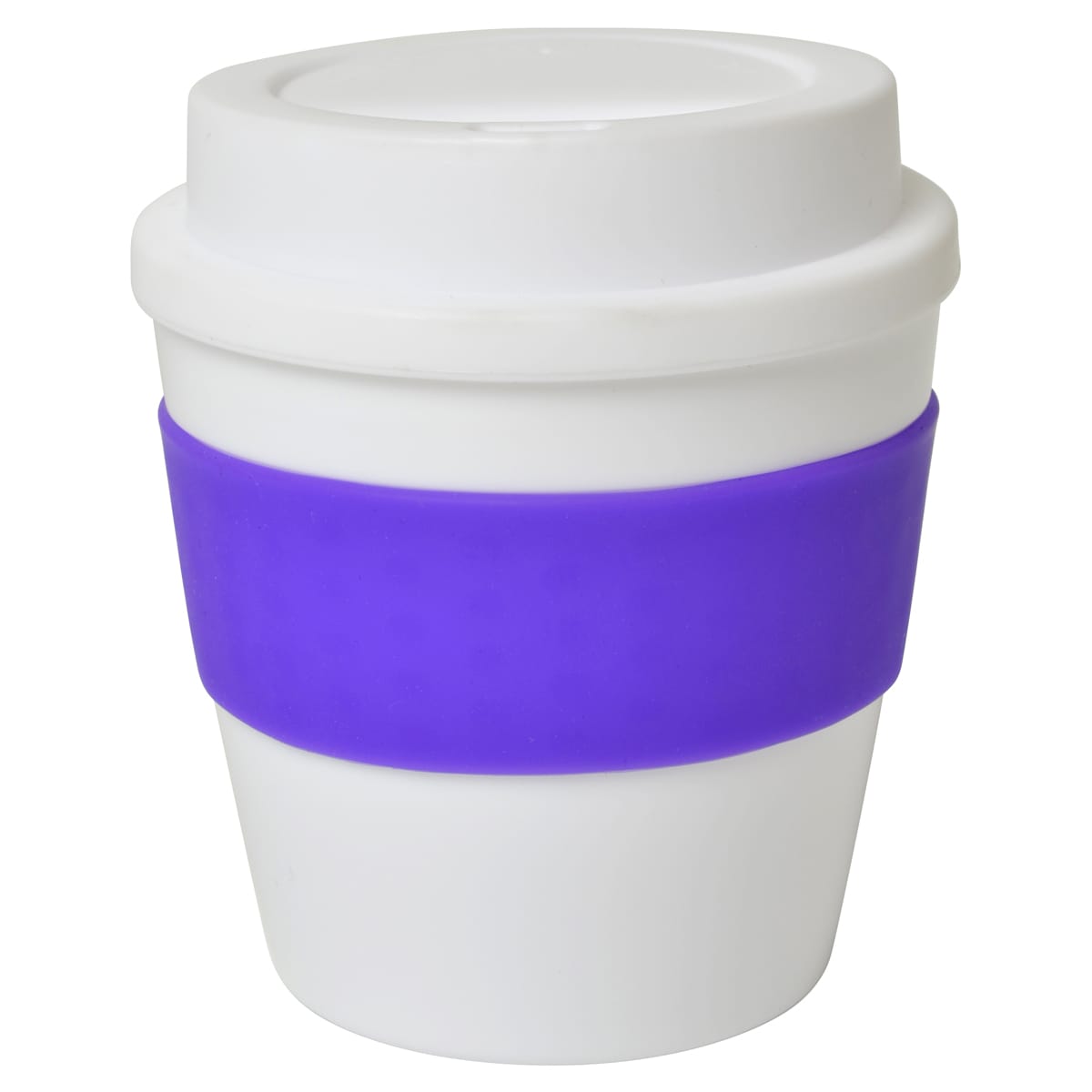 A drink bottle featuring a white cup with a purple silicone band and a lid. It has a sleek, modern design.