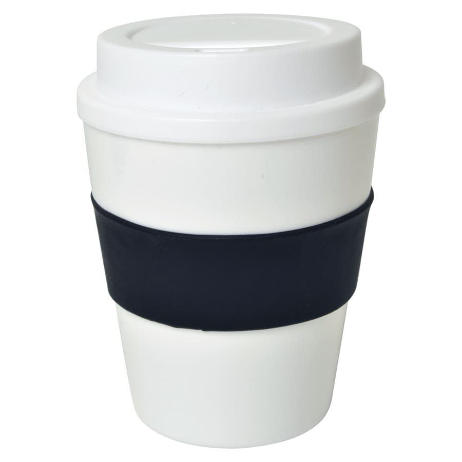 A drink bottle featuring a white design with a black rubber grip. It includes a lid.