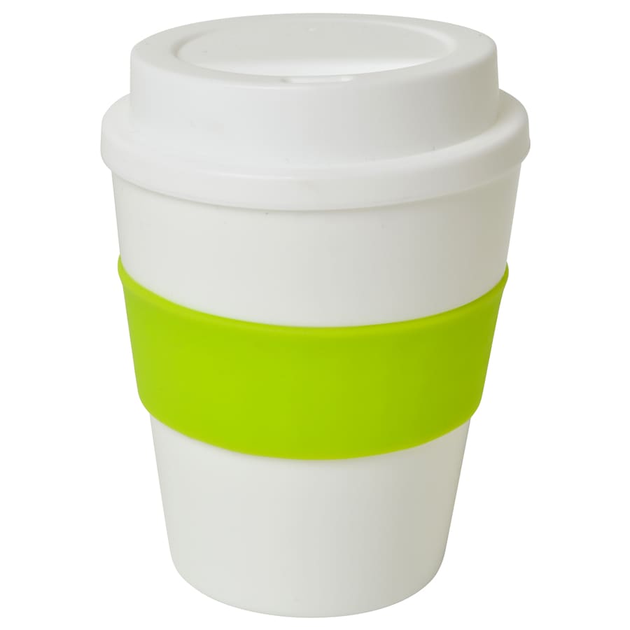 A drink bottle with a white body and a bright green silicone band, featuring a lid. It has a logo.